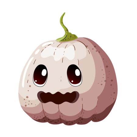 Cute kawaii white pumpkin for fun Halloween holiday. Smiling funny character for festive autumn designs. Vector illustration on white backgroundのイラスト素材