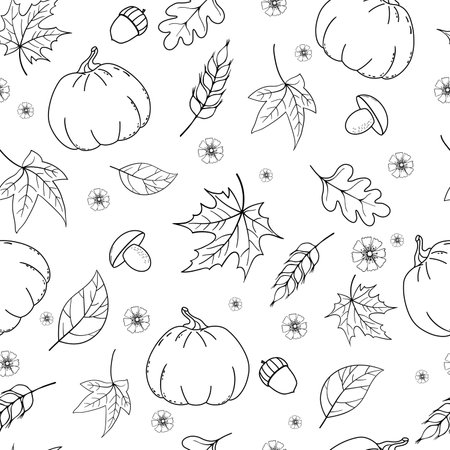 Seamless background with monochrome leaves, pumpkins, mushrooms and acorns. Black outlines of autumn symbols, hand drawn doodles on white background. Vector illustration for textile print, wrapping paper, wallpaperのイラスト素材
