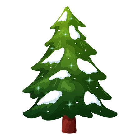 Green fluffy Christmas tree with snow, not decorated. Symbol of New Year and Christmas. Vector illustration of coniferous tree on white backgroundのイラスト素材