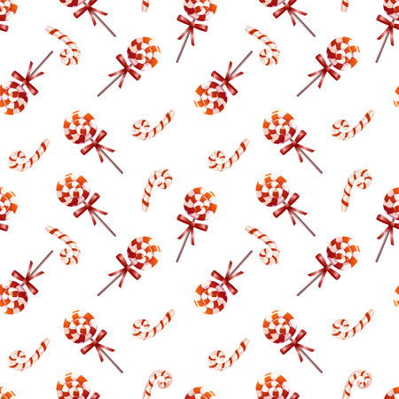 Christmas sweet candy design on white background. Candy cane, lollipops and swirl candies seamless pattern. Good for wrapping paper, background, fabric.のイラスト素材