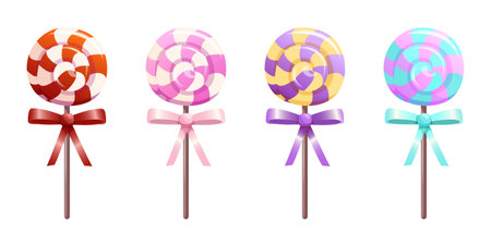 Set of colorful lollipops on a wooden stick with a bow. Twisted sucker candy hard sugar caramel, lollypop isolated on white background. Sweet food icons.のイラスト素材