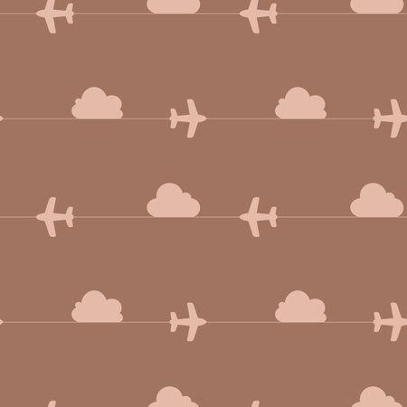 Seamless pattern of planes and clouds outlines. Seamless Background for printing on fabric, packaging, banners, as well as for interior design, letterheadsのイラスト素材