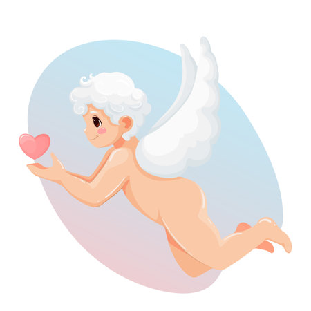 Amur baby angel with heart. Funny adorable cupid character. Valentines day concept design. Happy Valentine s Day character for greeting cards, banners, and web design.のイラスト素材