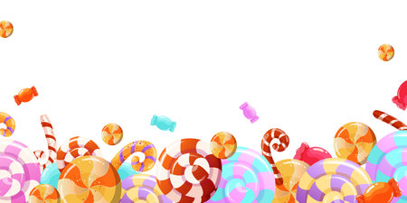 Border of colorful rainbow lollipops, sweet candies, caramel. Bright background with candies. Vector design for wrapping, fabric, interior decor, textile, print, brochure, label, wallpaper greeting cardのイラスト素材