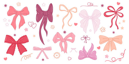 Set of hand-drawn decorative multi-colored bows. Collection includes various ribbon bows with different shapes, sizes, and tie styles, suitable for design projects, greeting cards, packaging, fashion accessories, and holiday decorations. Isolated on a white background.のイラスト素材