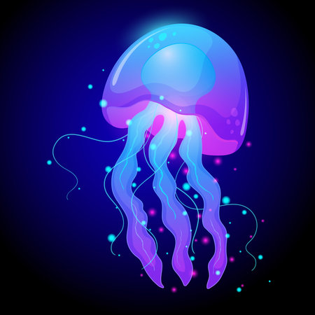 Glowing vibrant jellyfish underwater with neon blue and purple light. Transparent jellyfish and long flowing tentacles illuminated in dark water. Futuristic sea life concept, perfect for ocean-themed designs, wallpapers, printsのイラスト素材