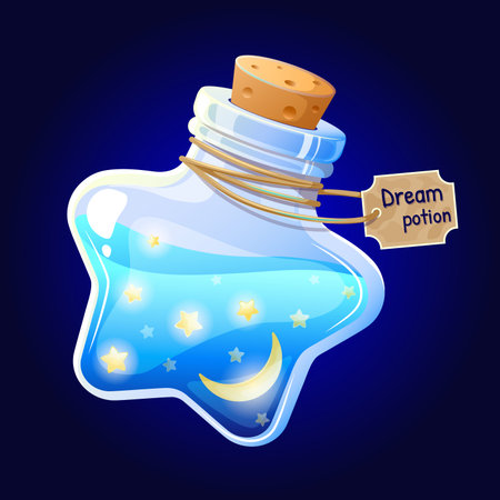 Illustration of Magic dream potion in a star shaped glass bottle with moon and stars. Magical elixir or sleep potion concept on dark background. Perfect for fantasy design, games, stickers, icons, posters and digital artのイラスト素材