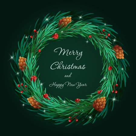 Festive Christmas wreath with pine branches, cones and berries on a dark green background. Elegant holiday decoration with sparkling lights and greeting text. Perfect for winter holidays, greeting cards, invitations, posters and festive designのイラスト素材