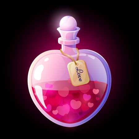Magical love potion bottle in a shape of a heart with pink liquid inside on a dark background. Perfect for Valentine s Day, romance, fantasy, magic, or wedding themed designs, greeting cards, and posters.のイラスト素材