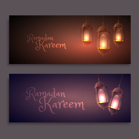 ramadan kareem banners with hanging lampsのイラスト素材