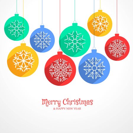 colorful hanging christmas balls background with snowflakesのイラスト素材
