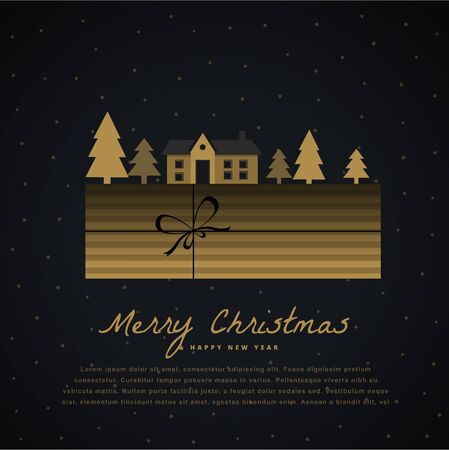 elegant christmas greeting with gift box, house and treeのイラスト素材