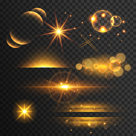 set of golden glitters lights and sparkles with lens effect on transparent backgroundのイラスト素材