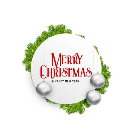 elegant white christmas greeting card design with hanging balls and leavesのイラスト素材