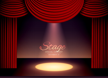 theater scene with red curtains and falling spot lightのイラスト素材