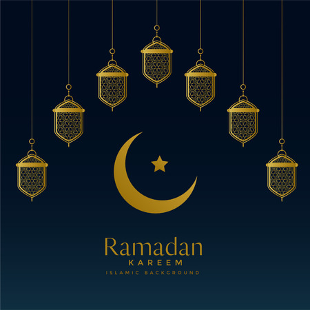 A golden moon and hanging lanterns for Ramadan Kareem backgroundのイラスト素材