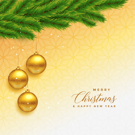 beautiful merry christmas greeting with leaves and golden ballのイラスト素材
