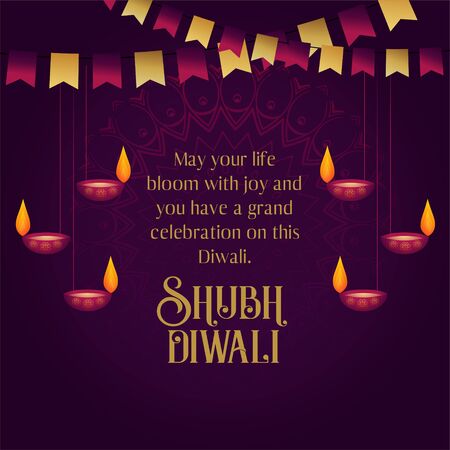 happy diwali wishes greeting card design with hanging diyaのイラスト素材