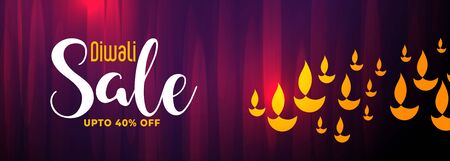 diwali sale banner in shiny purple background with golden diya lampsのイラスト素材