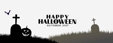 grayscale happy halloween banner with pumpkin and graveのイラスト素材