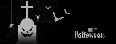 black halloween banner with grave spider and flying batsのイラスト素材