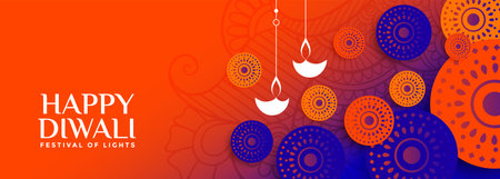happy diwali bright banner with decorative designのイラスト素材