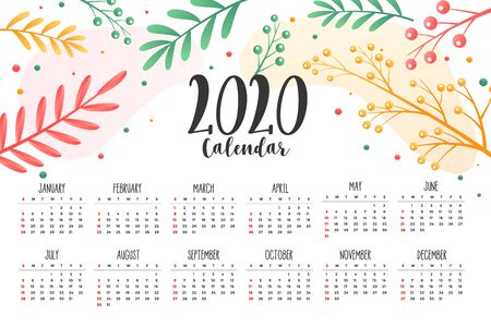 2020 flower and leaves style calendar design templateのイラスト素材