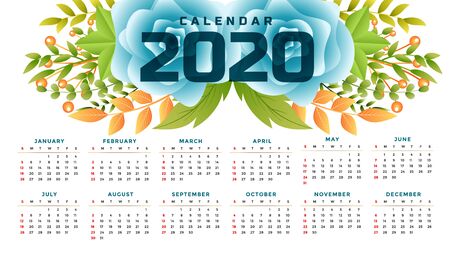 2020 new year flower calendar wide template designのイラスト素材