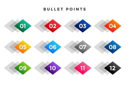 bullet points number in diamond shape from one to twelveのイラスト素材