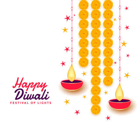 happy diwali background with diya and marigold flowerのイラスト素材