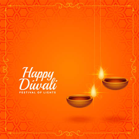 happy diwali orange greeting with hanging diya designのイラスト素材