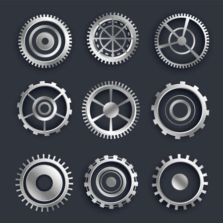3d metallic cog and gears set of nine designのイラスト素材