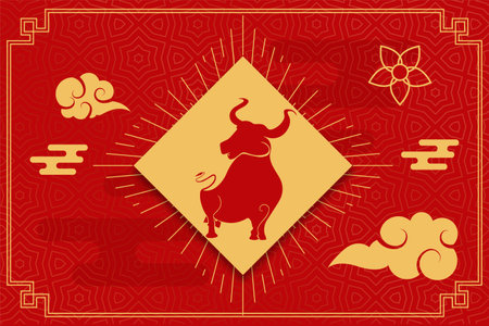 Traditional chinese red background of ox with flower and cloud vectorのイラスト素材