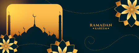 ramadan kareem golden greeting banner with flowersのイラスト素材
