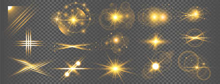 golden transparent light flare and sparkles big setのイラスト素材