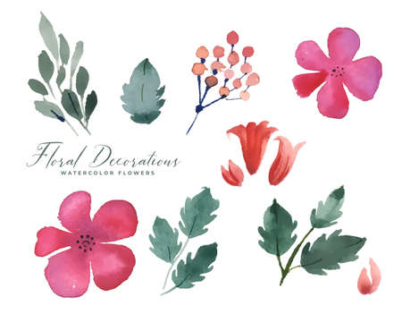 flower and watercolor leaves decoration packのイラスト素材