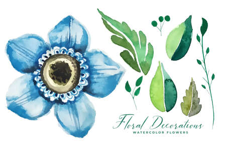 watercolor blue flower and leaves decoration packのイラスト素材
