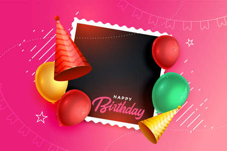 happy birthday background with balloons cap and photo frameのイラスト素材