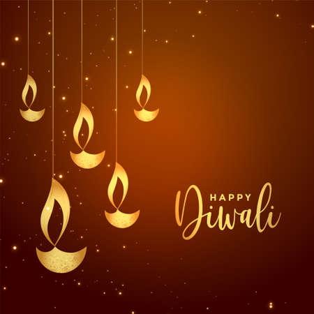 happy diwali golden diya on brown backgroundのイラスト素材