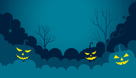happy halloween flat paper background with glowing pumpkinsのイラスト素材
