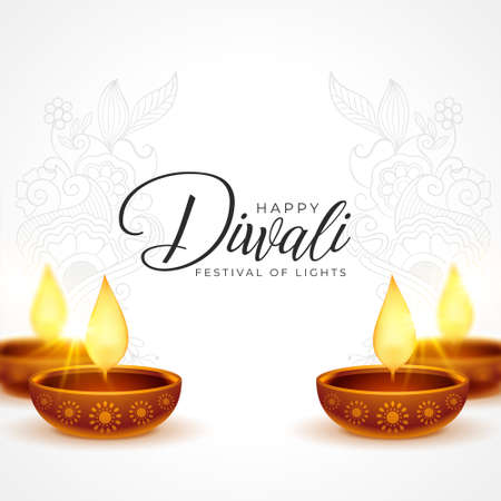 happy diwali white background with diya decorationのイラスト素材