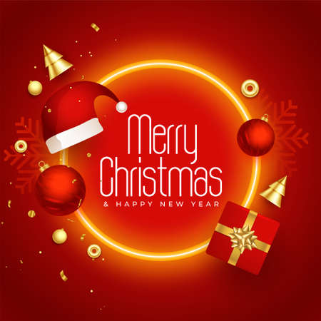 merry christmas reaistic neon frame background with xmas elementsのイラスト素材