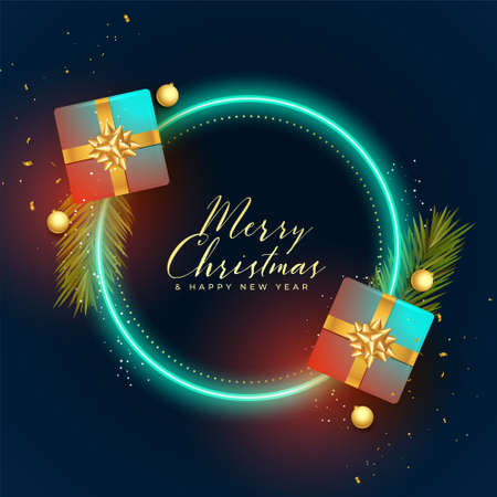 merry christmas festival card with neon frame and gift boxesのイラスト素材
