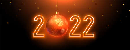 happy new year 2022 neon style banner with christmas ballのイラスト素材
