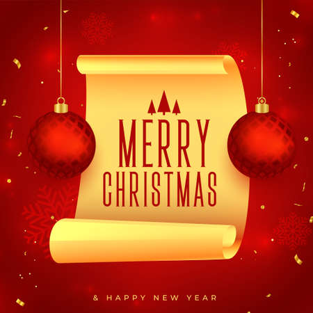 merry christmas greeting background with balls and golden curl pageのイラスト素材