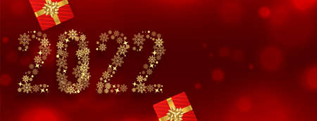 2022 new year red banner made with  golden snowflakes with gift boxexのイラスト素材