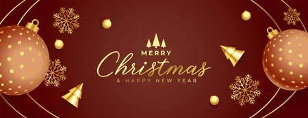 merry christmas background with 3d ball and golden ornament snowflake and treeのイラスト素材