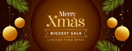 christmas sale banner with hanging balls and leavesのイラスト素材