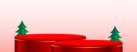 shiny red podium display with christmas tree designのイラスト素材