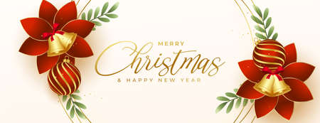 merry christmas flower and balls realistic banner designのイラスト素材